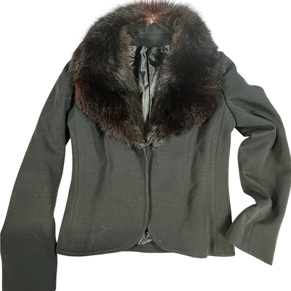 Vintage Jackets & Blazers - A272 Vintage Real Fur Boiled Wool Black Blazer Sz Small